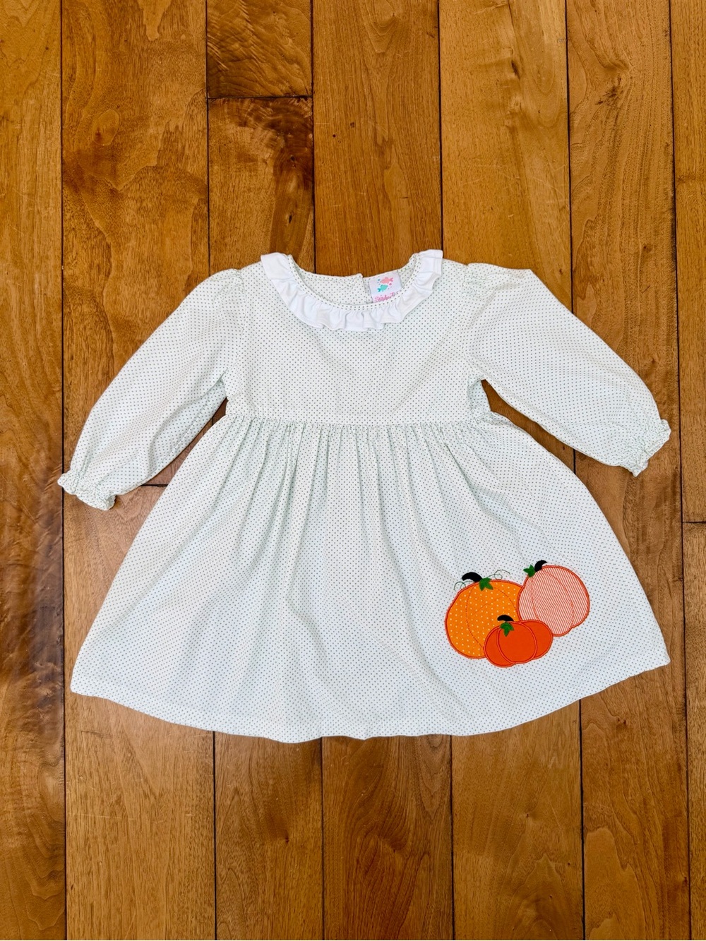 Stitchy Fish Pumpkin Appliqué Dress Size 5 Green Polka Dot Fall Halloween EUC